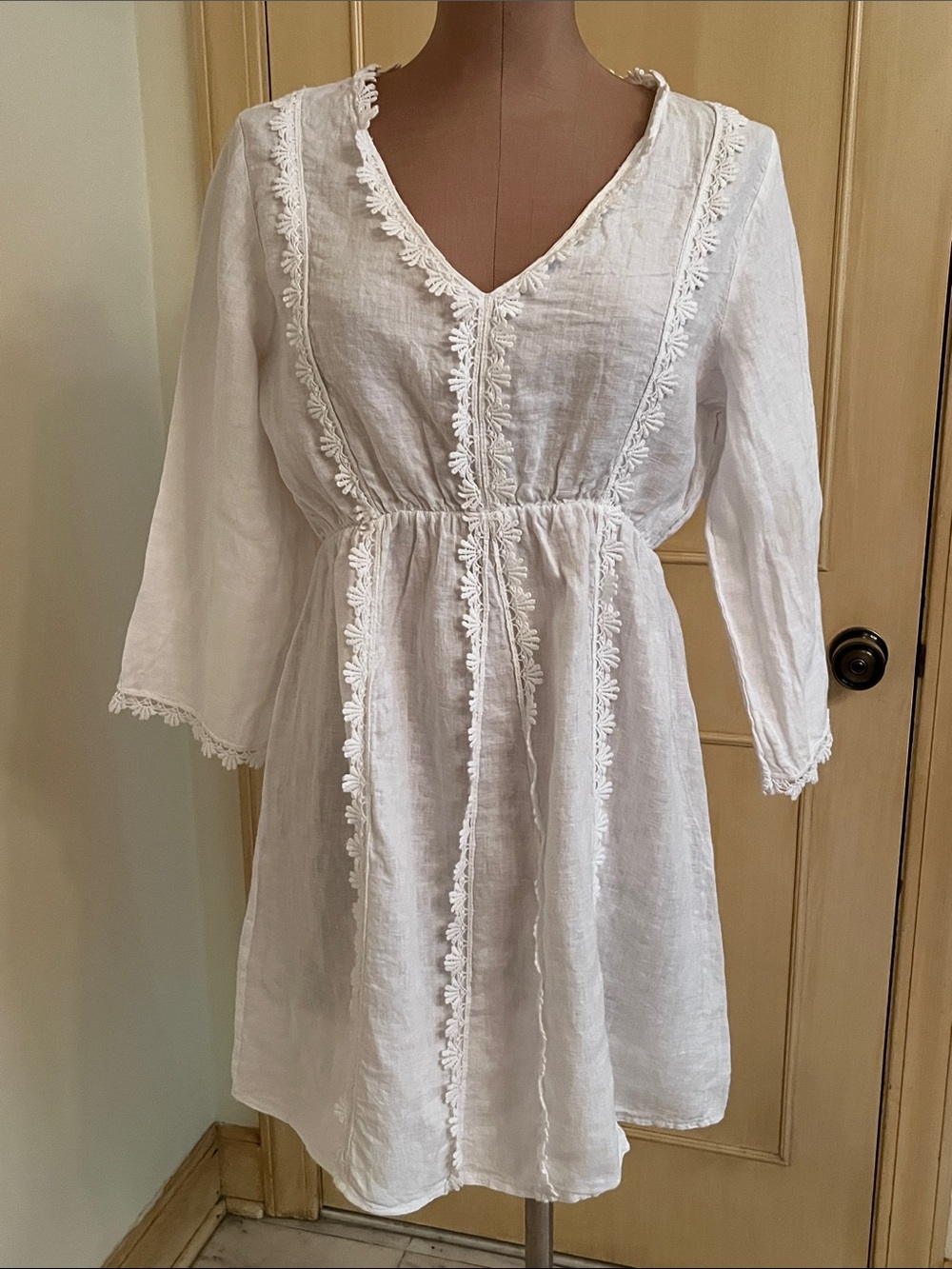 VALENTINA NALDI Summer Beach 100% Linen White Embroidered V-Neck Dress/Coverup L